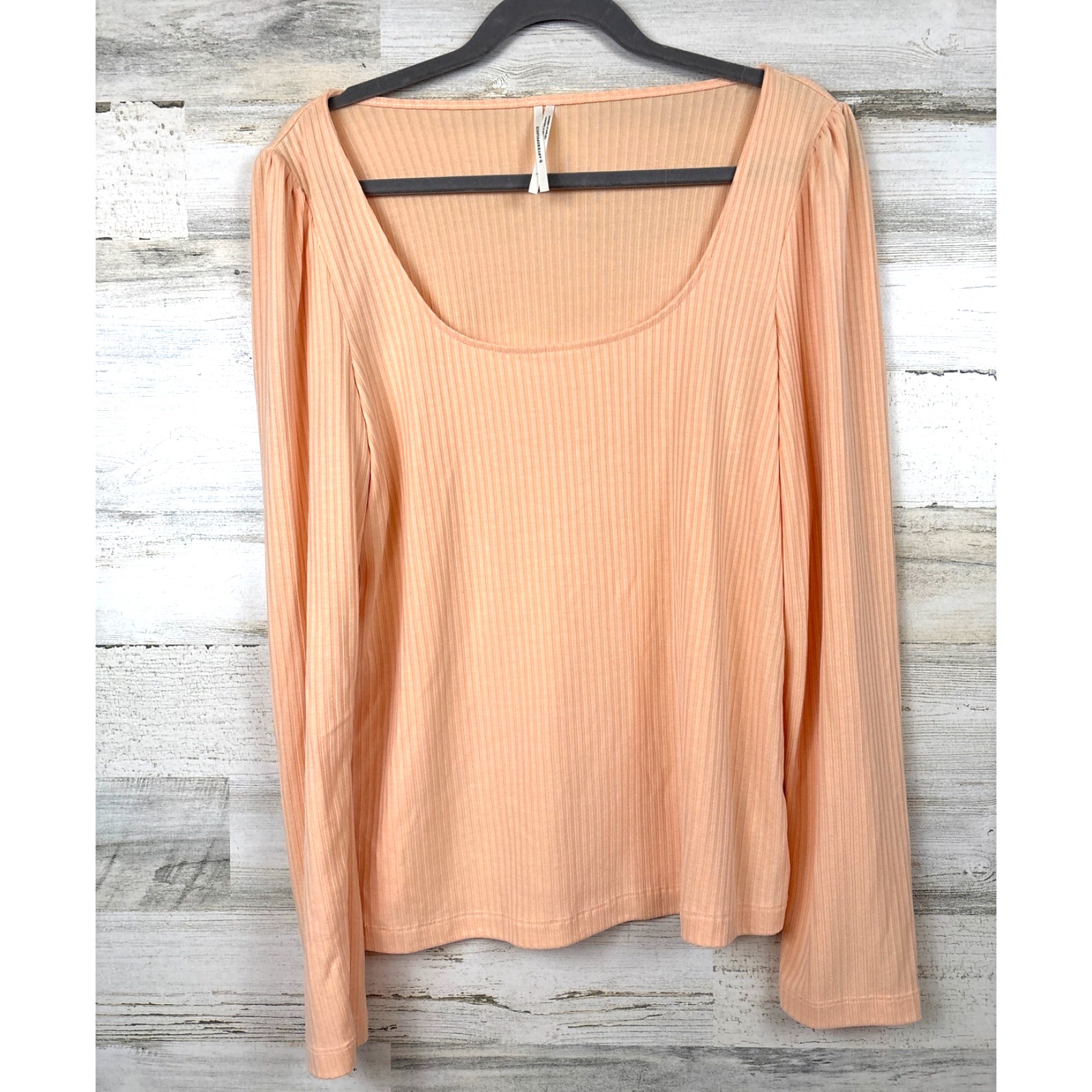 Anthropologie Womens L Peach Scoop Neck Ribbed Long Sleeve Pullover Casual Top